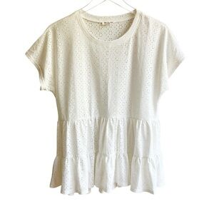 Blu Pepper Eyelet Tiered Ruffled Blouse Size S White Pieced Pointelle Peplum Top